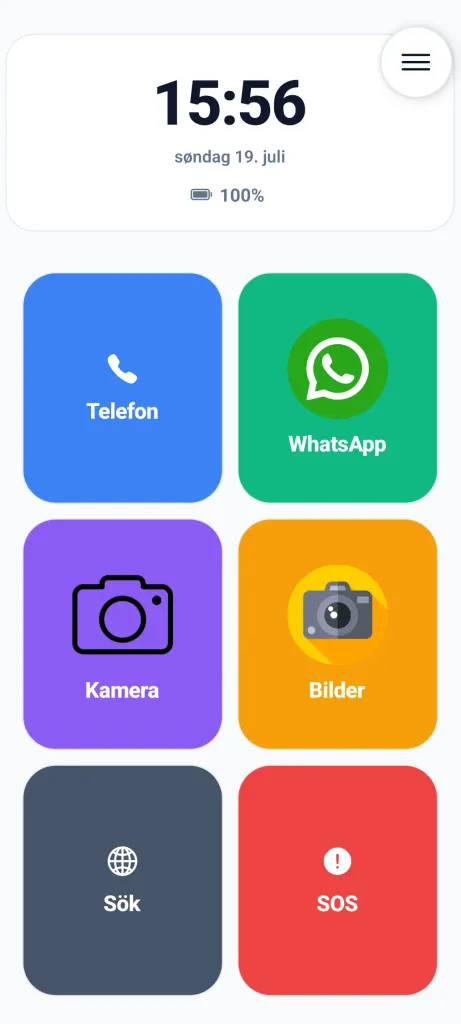 Den tilgjengelige startskjermen med store knapper og SOS-nødanropsfunksjon.