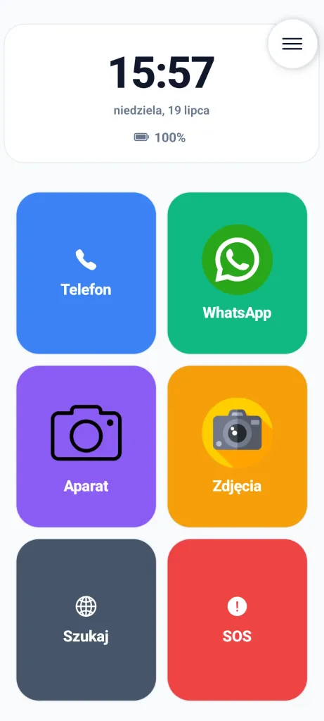 Dostępny ekran główny z dużymi przyciskami i funkcją SOS.